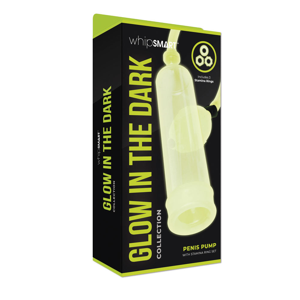 WhipSmart Glow In The Dark Penis Pump - With 3 Piece Cock Ring Set-WS1053