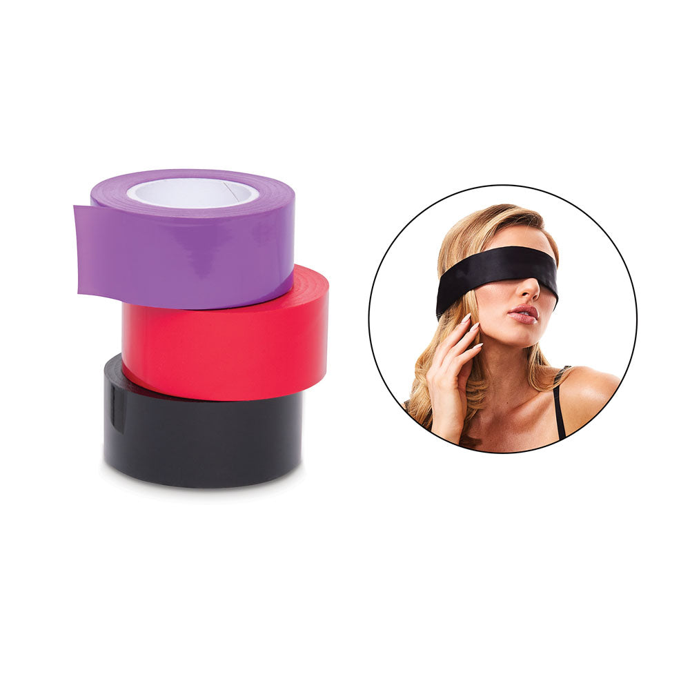 WhipSmart Bondage Tape 3-Pack with Blindfold - Set of 3 Coloured Bondage Tapes and Bonus Satin Blindfold-WS1061