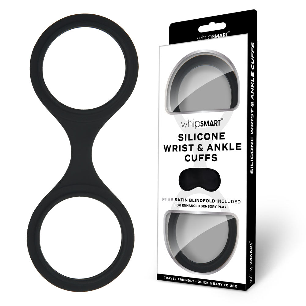 WhipSmart Silicone Wrist & Ankle Cuffs - Black - Black Restraints with Bonus Eye Mask-WS1501