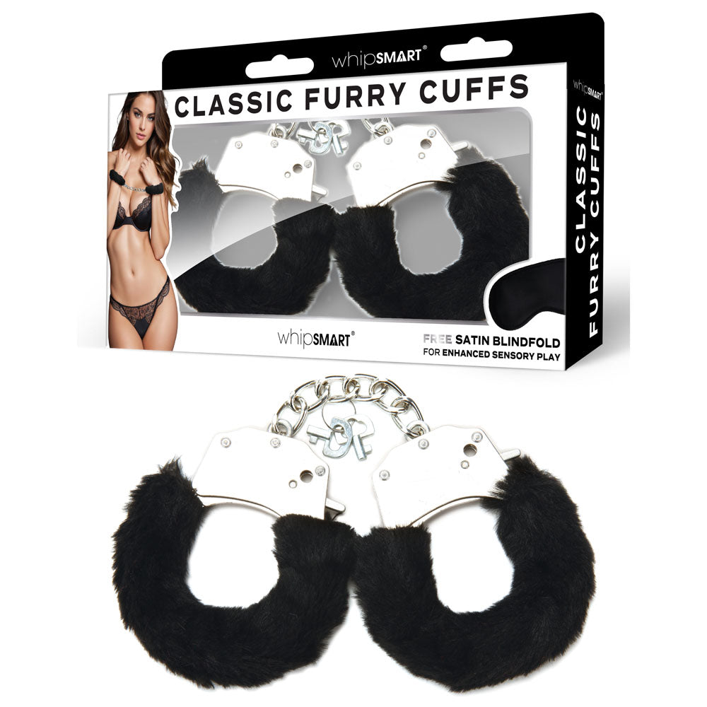 WhipSmart Classic Furry Cuffs - Black - Black Furry Restraints with Bonus Eye Mask-WS1505