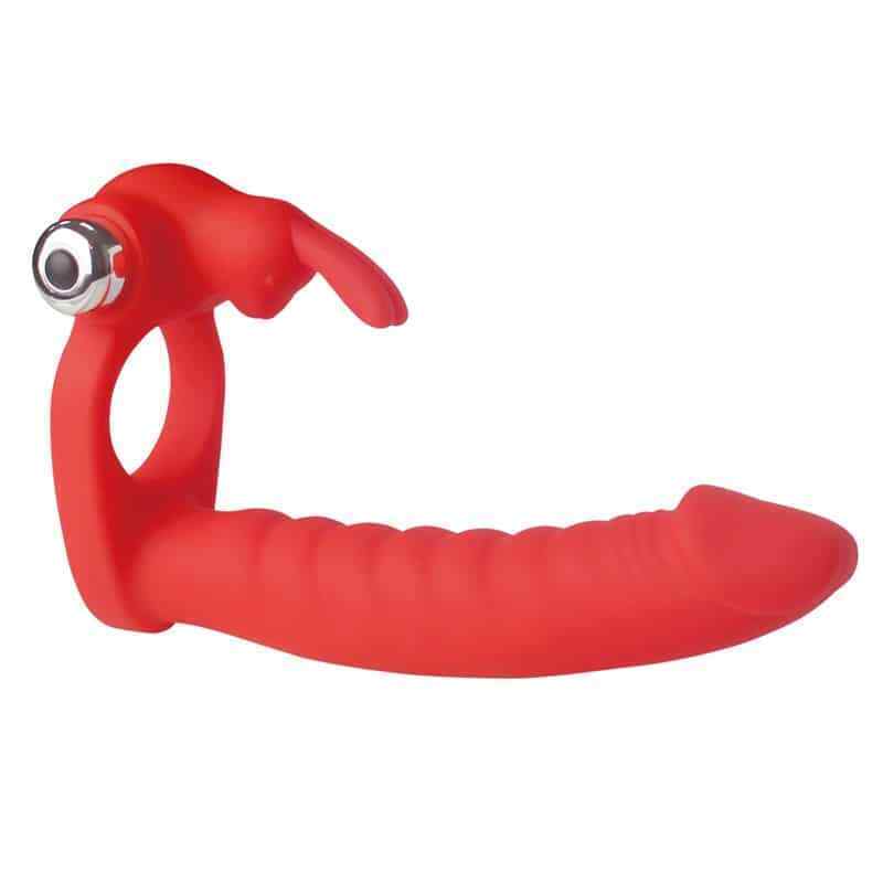 Trinity Silicone Vibrating Rabbit Cock Ring Dual Penetration Dildo Sex Toy Red