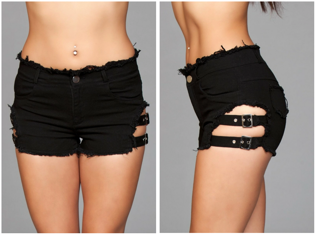 BeWicked USA Women Sexy Hot Denim Buckled Down Denim Shorts - Black J10BK - Medium