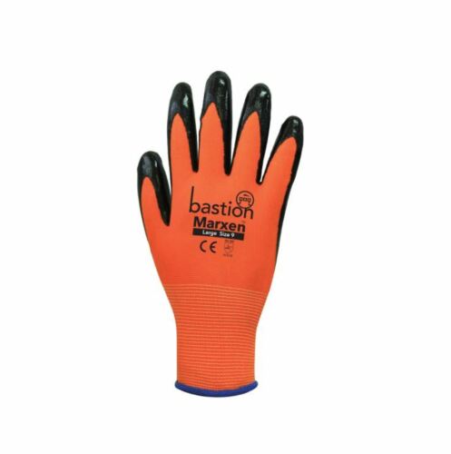 12 Pairs Marxen 13G High Viz Orange Polyester Gloves Black Nitrile Coating Large