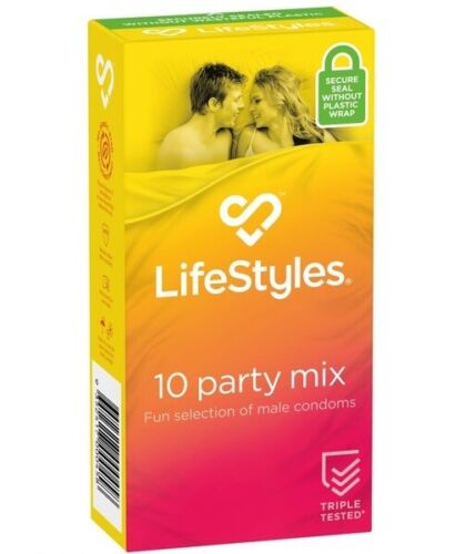 Ansell Lifestyles Party Mix Condom 10 Retail Pack Studded Ribbed Textured Flavoured