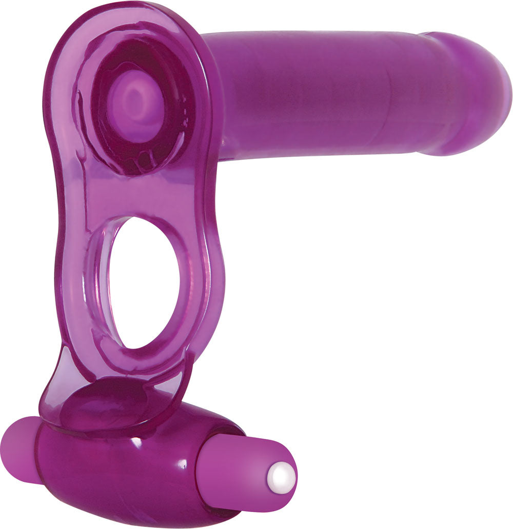 Adam & Eve DP Fantasy Ring - Purple Vibrating Cock Ring with Double Penetrator Dong