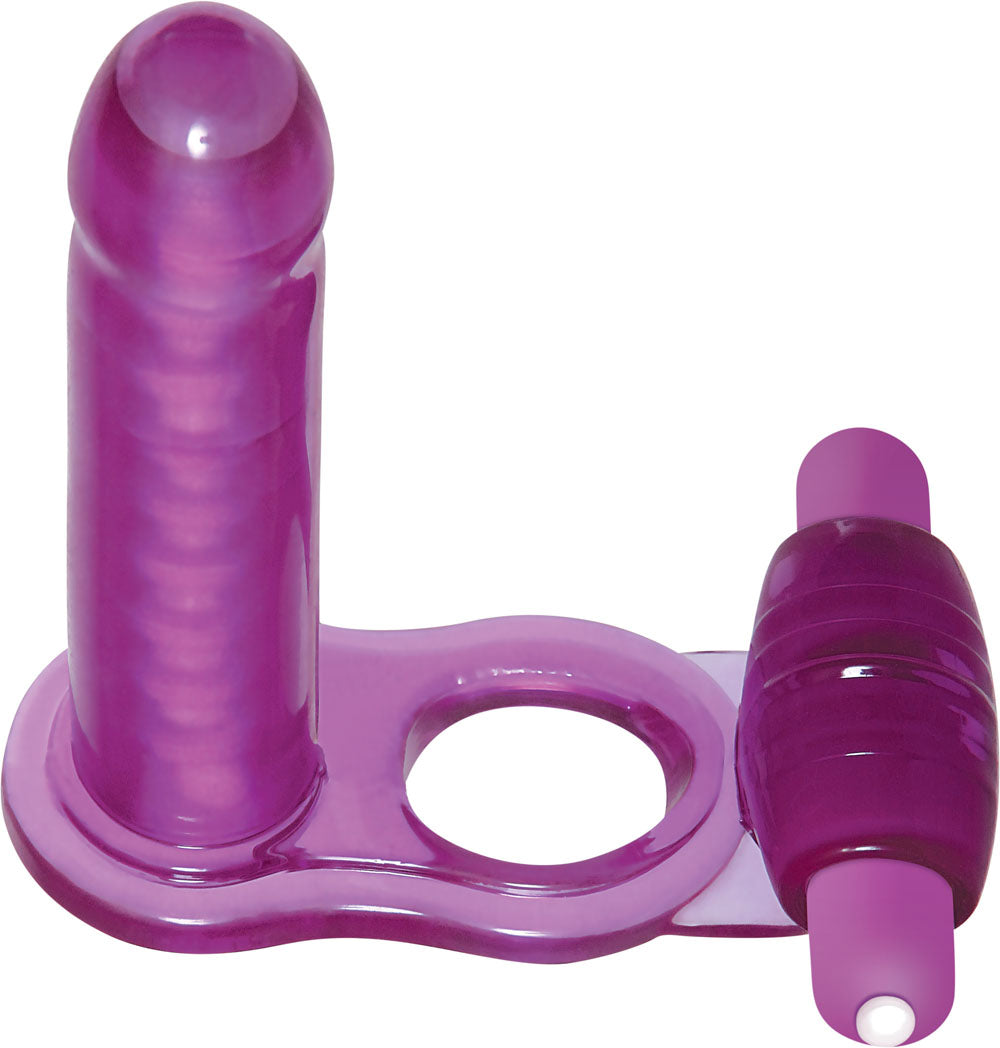 Adam & Eve DP Fantasy Ring - Purple Vibrating Cock Ring with Double Penetrator Dong