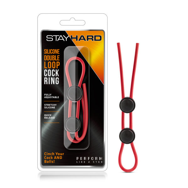 Stay Hard Silicone Double Loop Cock Ring - Red Adjustable Lasso Cock Ring - Early2bed