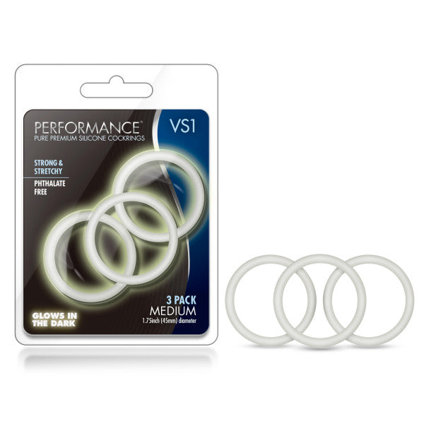 Performance VS1 Pure Premium Silicone Cockrings - Glow In Dark Medium Cock Rings - Set of 3 - Early2bed