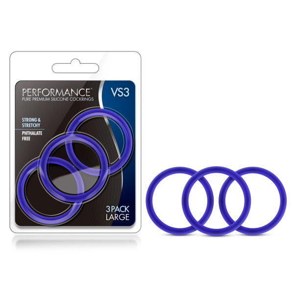 Performance VS3 Pure Premium Silicone Cockrings - Indigo Blue Large Cock Rings - Set of 3 - Early2bed