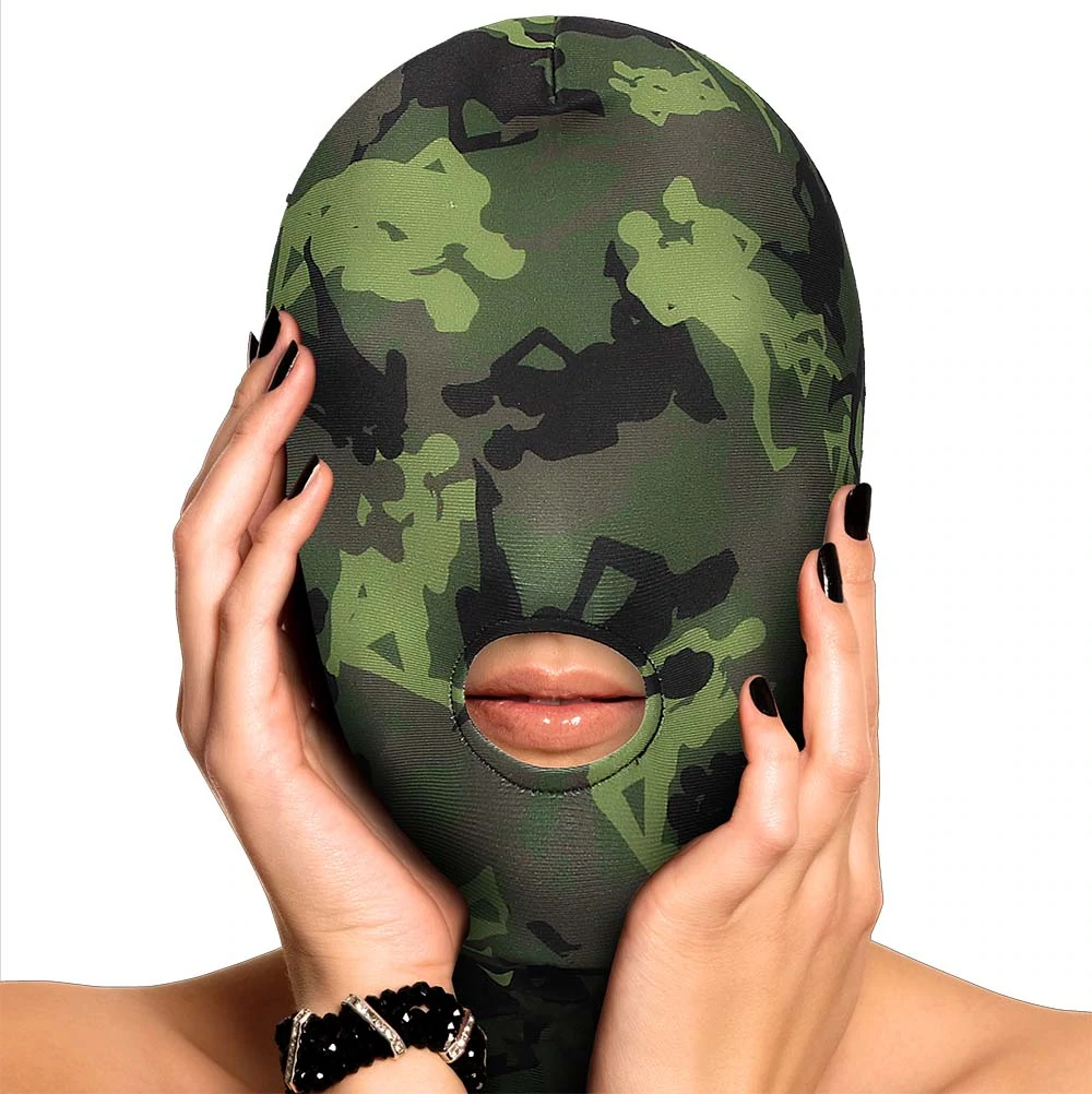 Ouch! Army Themed Mask with Mouth Opening Limited Edition Spandex Hood - Bondage Hood