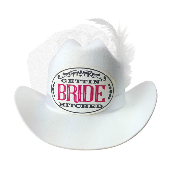 Gettin' Hitched Bride Cowboy Hat with Veil - White Hen's Party Novelty - Early2bed