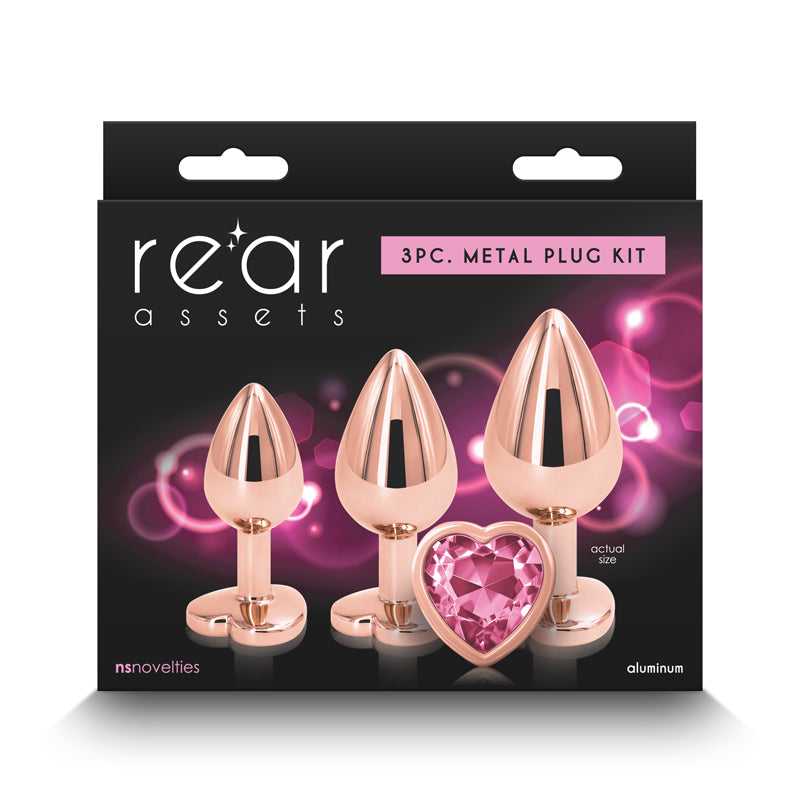 Rear Assets Trainer Kit - Rose Gold - Pink Heart - Rose Gold Metallic Butt Plugs with Pink Hearts - Set of 3 Sizes