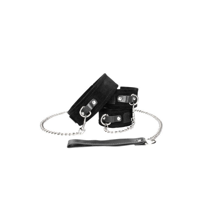 OUCH! BW Velcro Collar With Leash And Hand Cuffs-(ou672blk)