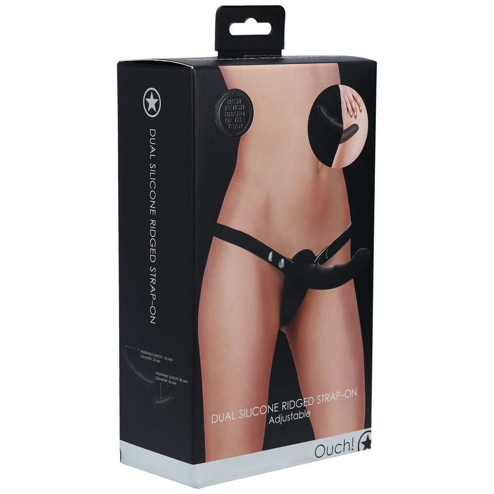 OUCH! Dual Silicone Ridged Strap-On - Black-(ou857blk)