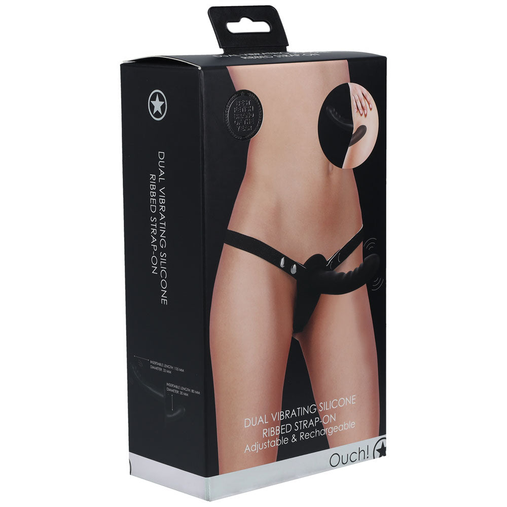 OUCH! Dual Vibrating Silicone Ribbed Strap-On - Black-(ou861blk)