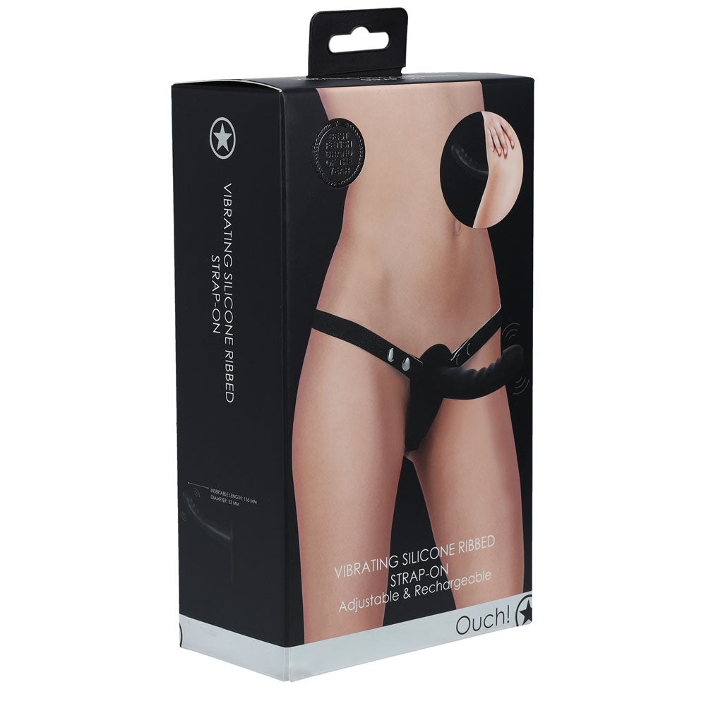 OUCH! Vibrating Silicone Ribbed Strap-On - Black-(ou867blk)