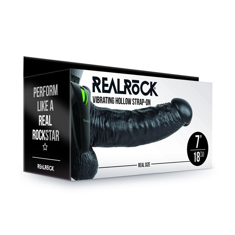 REALROCK Vibrating Hollow Strapon + Balls - 18cm Black-(rea133blk)