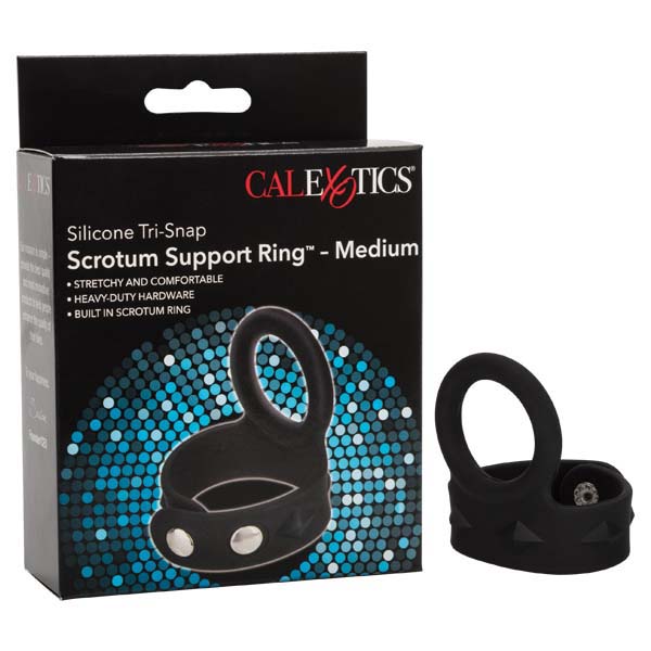 Silicone Tri-Snap Scrotum Support Ring - Black Adjustable Cock & Balls Ring - Medium Sized - Early2bed