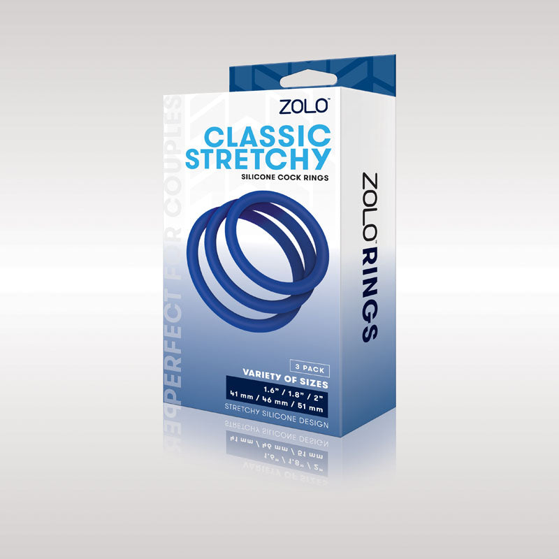 Zolo Classic Stretchy Silicone Cock Ring 3-Pack - Blue Cock Rings - Set of 3 Sizes