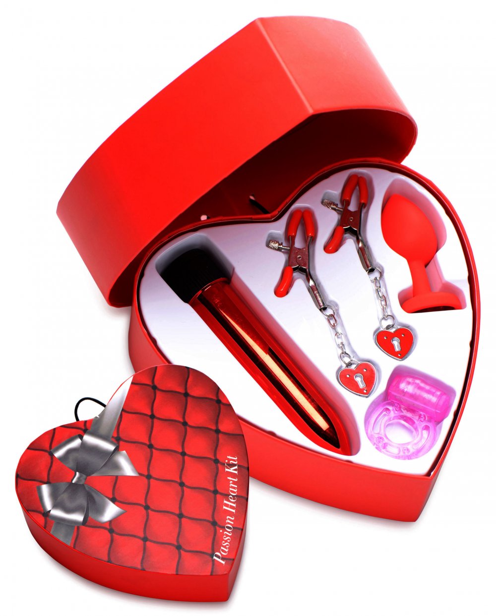 Passion Heart Gift Set Anal Plug Cock Ring Nipple Clamp Vibrator