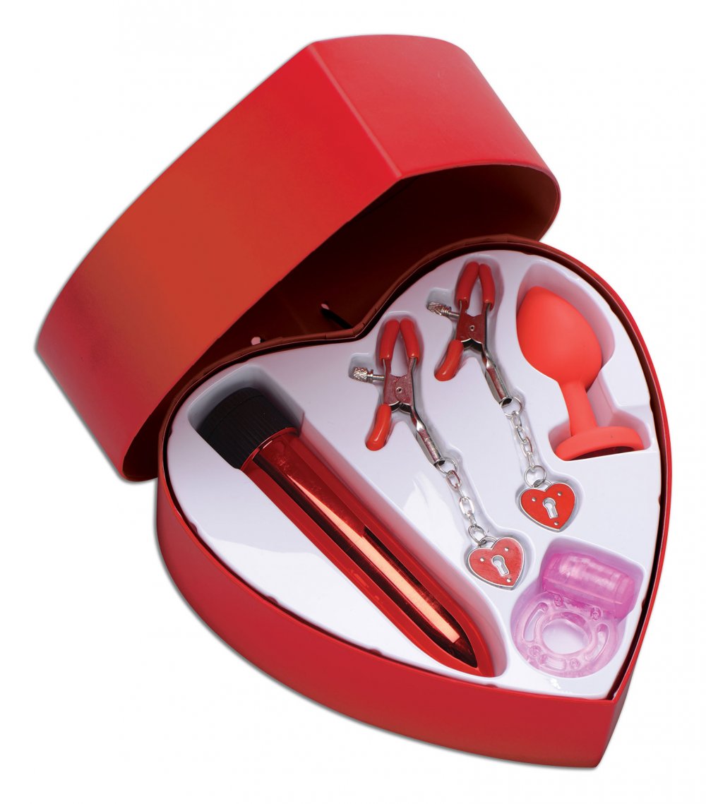 Passion Heart Gift Set Anal Plug Cock Ring Nipple Clamp Vibrator
